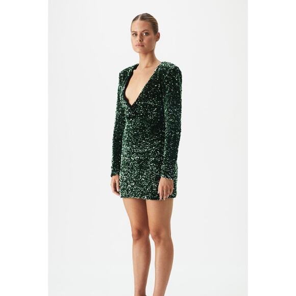 BARDOT Women's Lilia Sequin Mini Dress XS US 2 Vivid Green Long Sleeve NWT - Picture 3 of 13